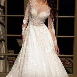 Primavera Couture White Embroidered Long Sleeve Dress